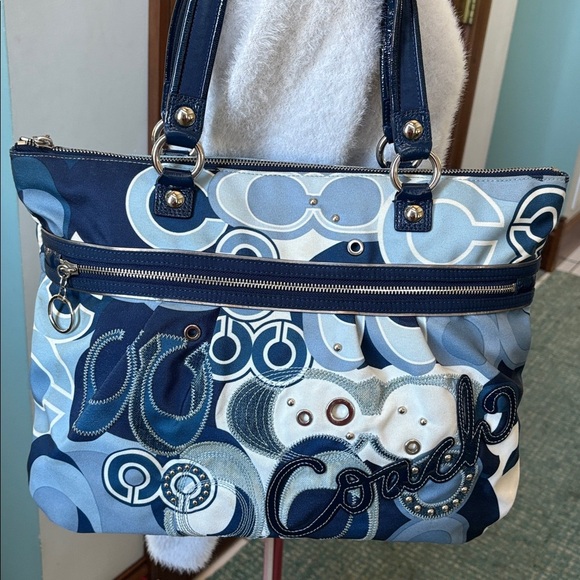 Coach Poppy Pop C Glam tote shoulder bag denim blue/white/Silvertone HW NWOT - Picture 1 of 17